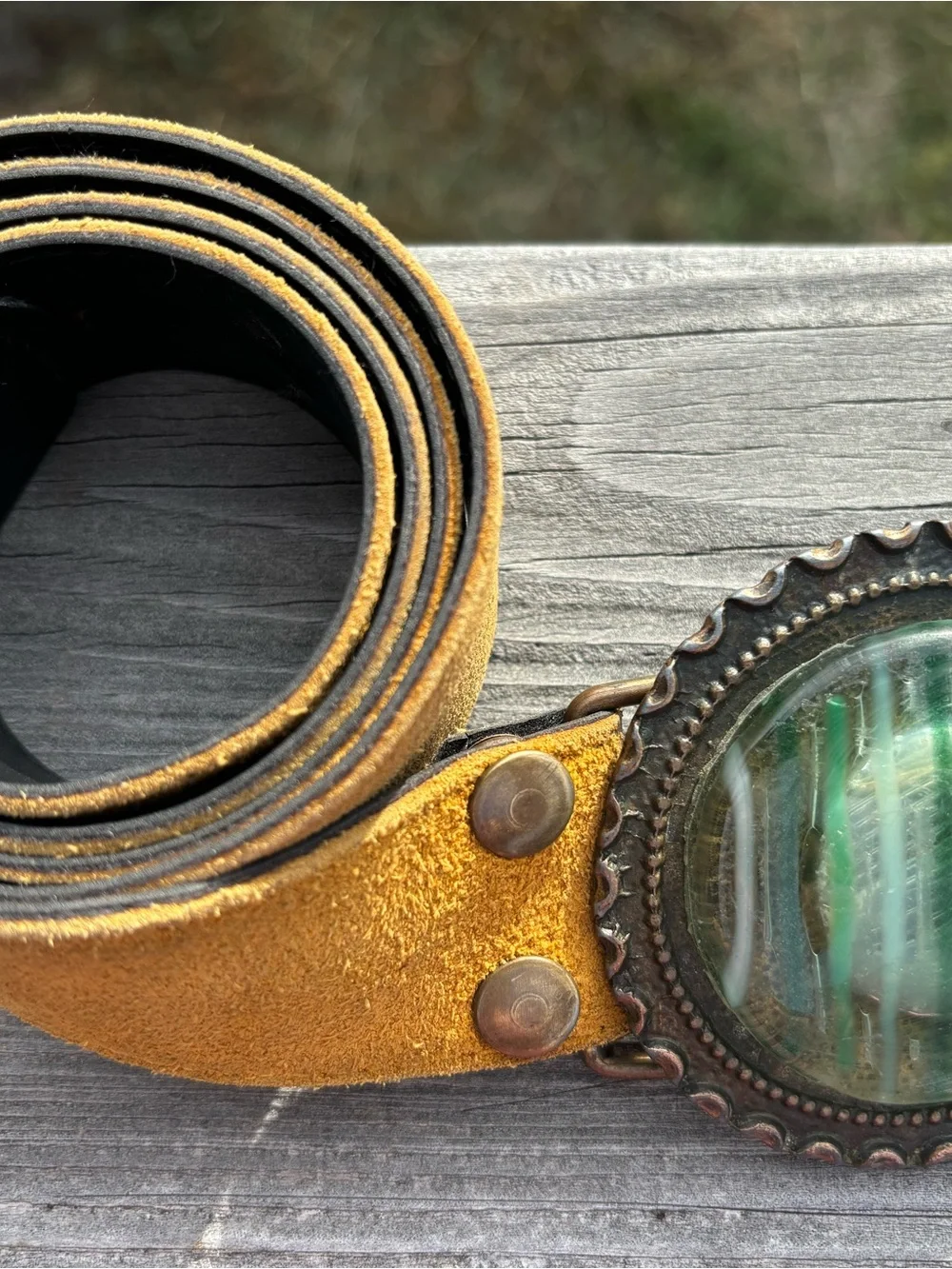 Suede Yellow Leather Women’s Belt with Green Handblown Glass Buckle